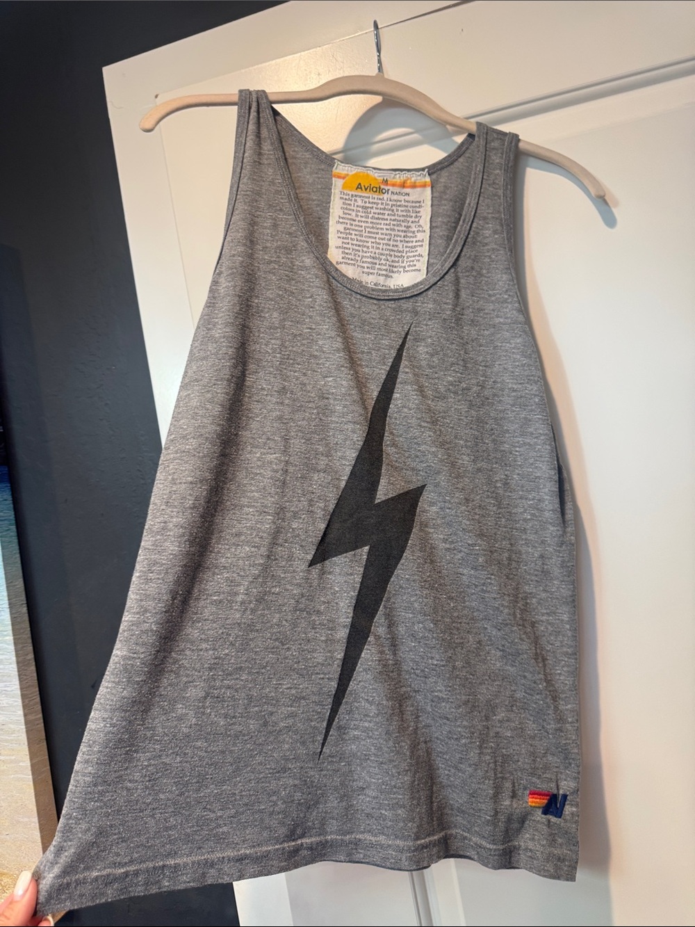 Aviator Nation Gray Tank with Black Lightning Bolt